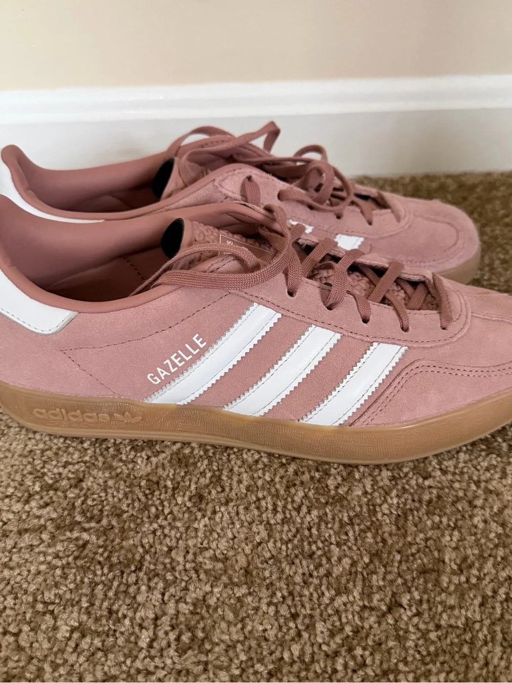 adidas Gazelle Pink Suede Sneakers with White Stripes and Gum Sole